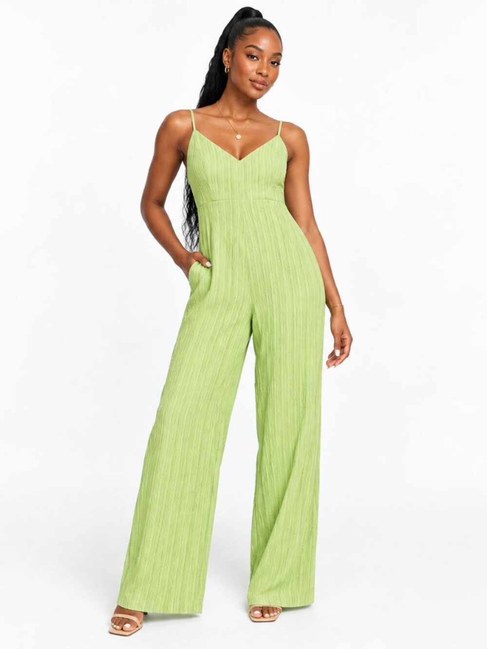 Lola May Plisse Pleated Open Back Tie Wide Leg Jumpsuit Light Green 6 S